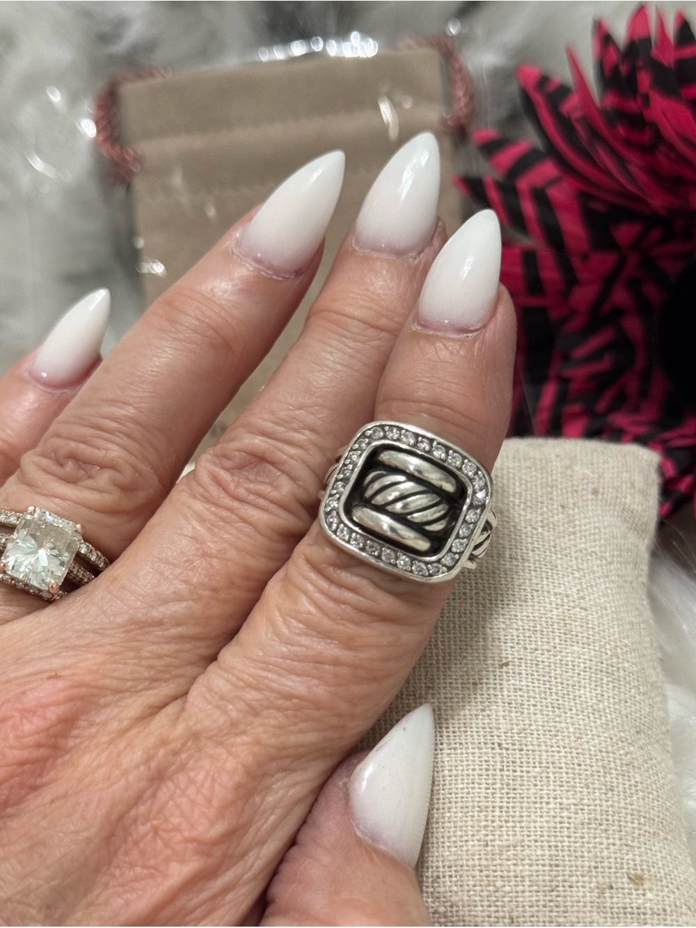David Yurman .925 Diamond Square Buckle Cable Ring Size 5.5 - Picture 7 of 9